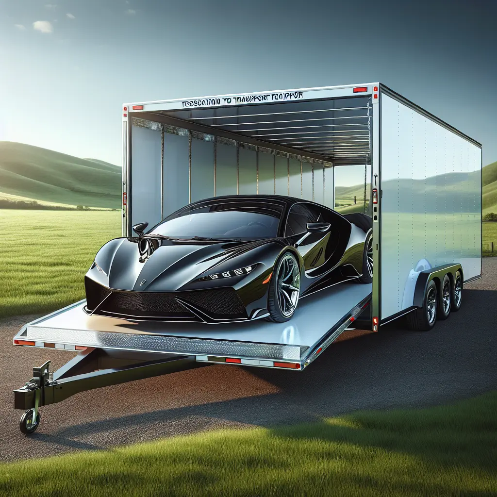 An exotic car being loaded into an enclosed transport trailer under a clear sky.