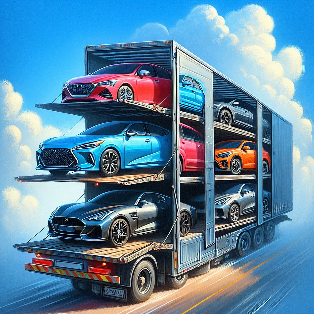 Two car transport trucks, one open and one enclosed, displaying the car shipping services.