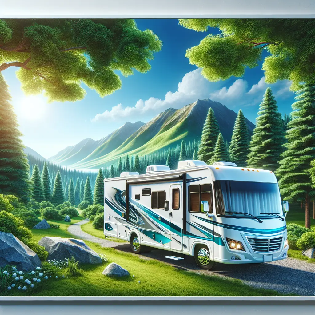 A large RV parked in front of a modern transportation service center on a sunny day.