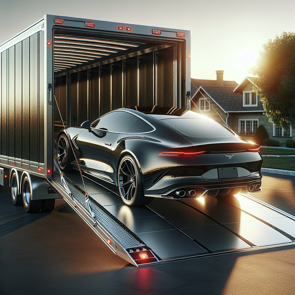 A luxury car transport truck loading a red Ferrari under a clear blue sky.