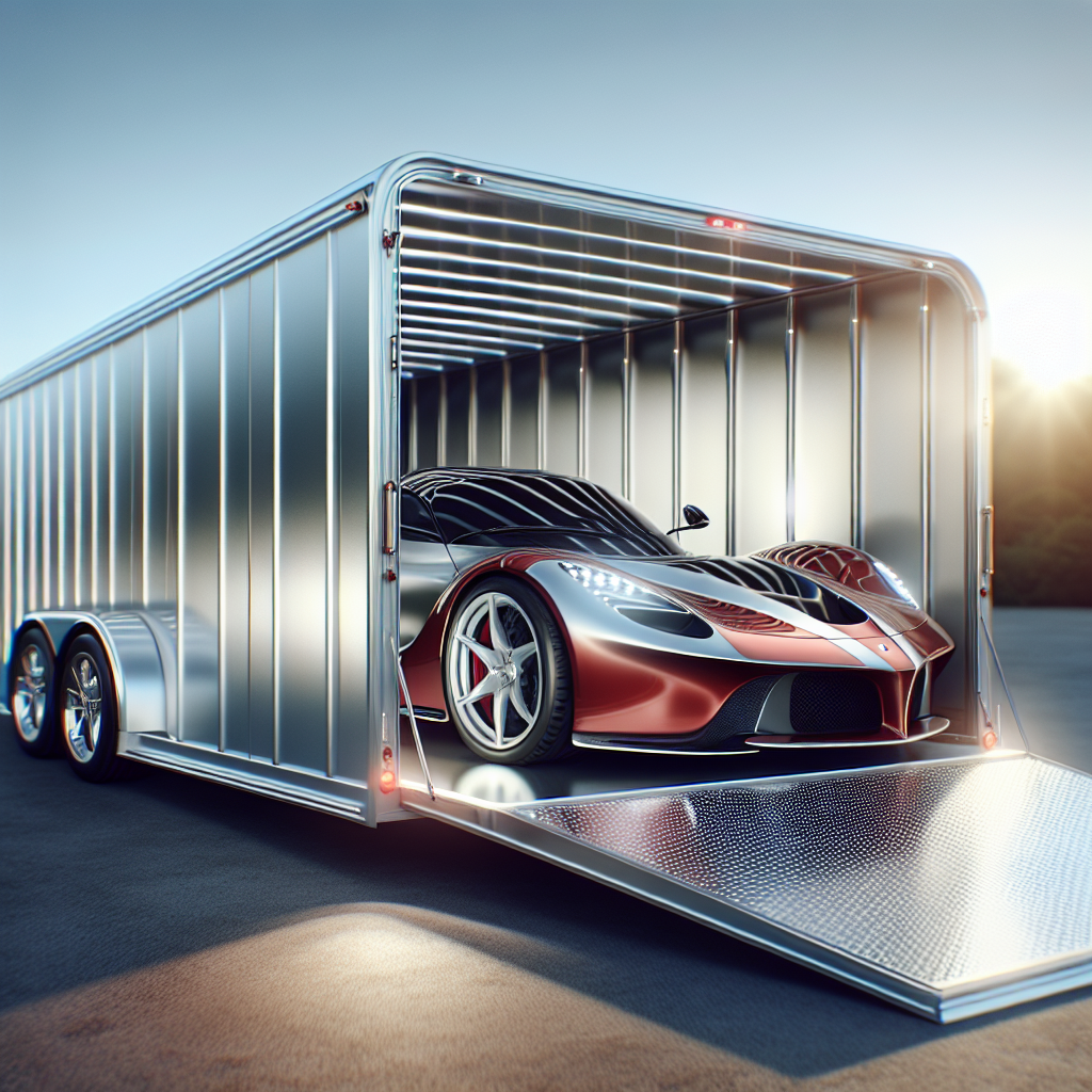 A black luxury sports car being carefully loaded into an enclosed transport trailer.