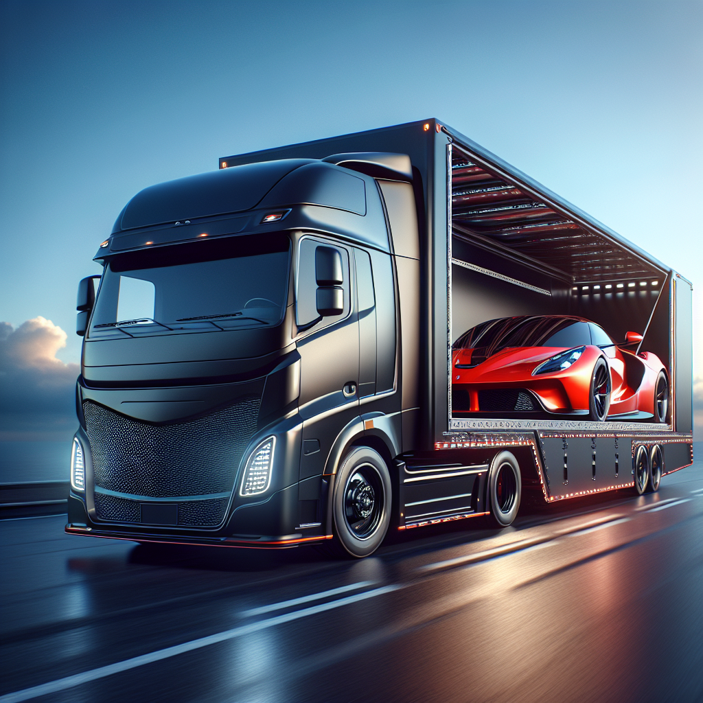 A luxury black coupe inside an enclosed transport truck under warm lighting.