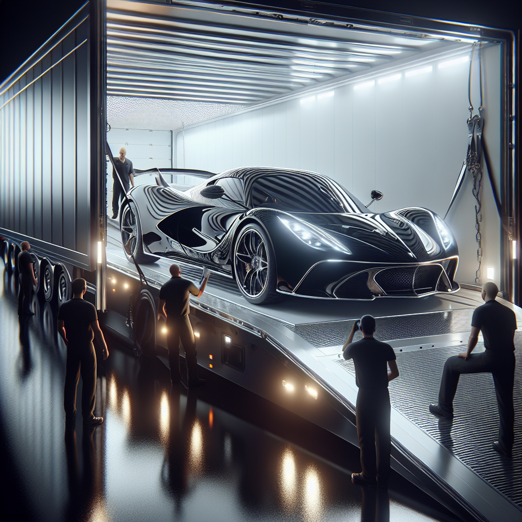 A luxury red sports car inside a sleek, metallic silver enclosed trailer.