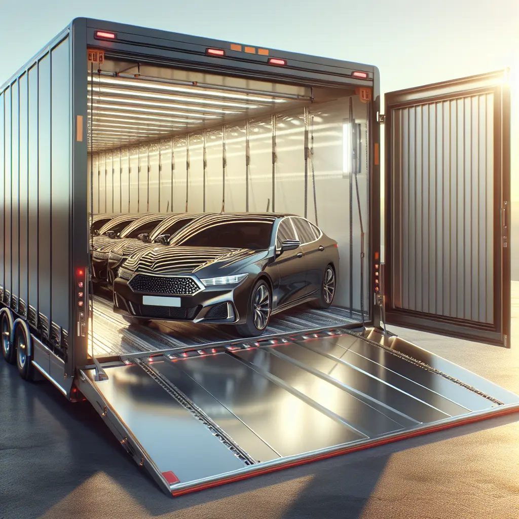 A car being securely loaded into an enclosed transport trailer, depicting reliable vehicle shipping.