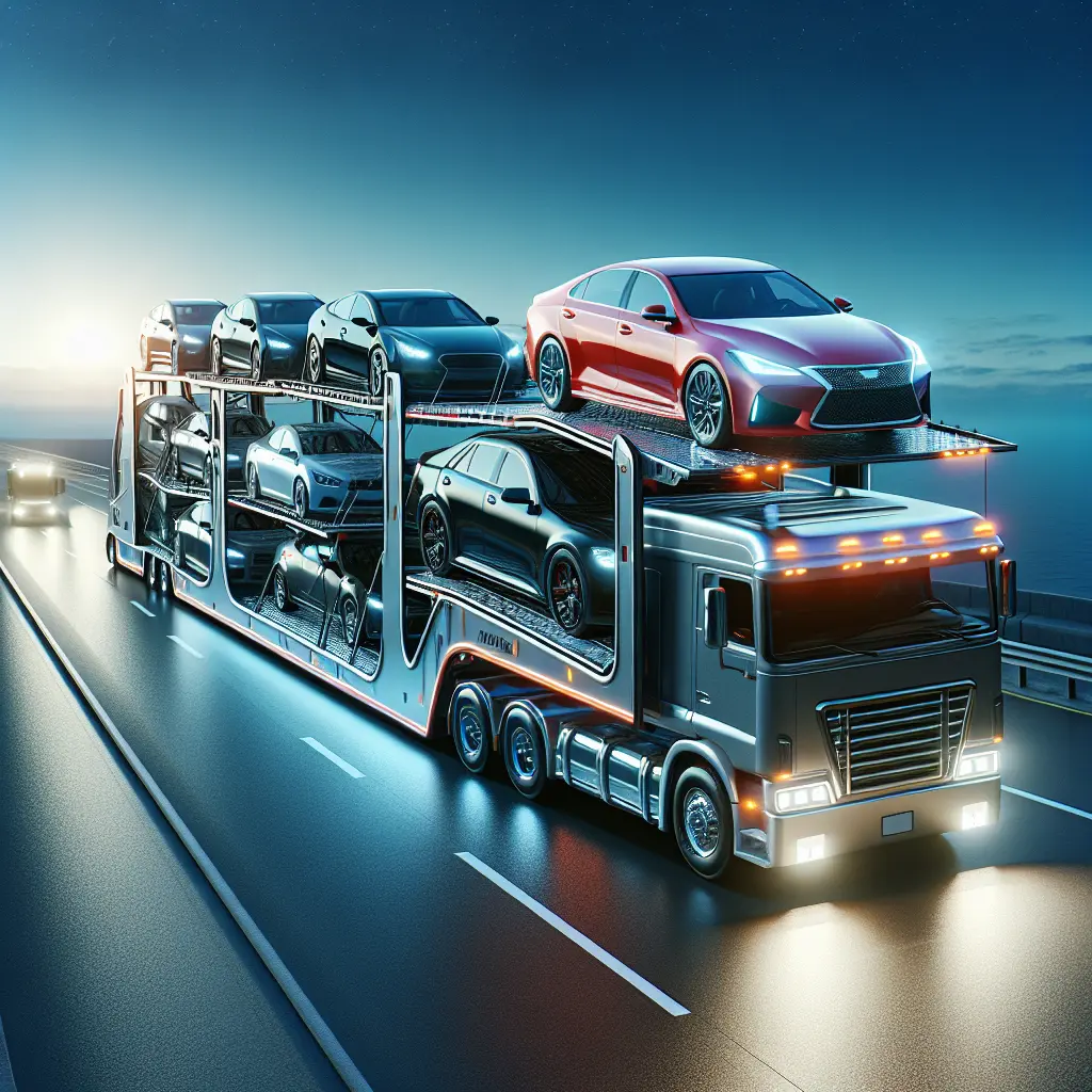 Vehicle being loaded onto a modern auto transport carrier for shipping.