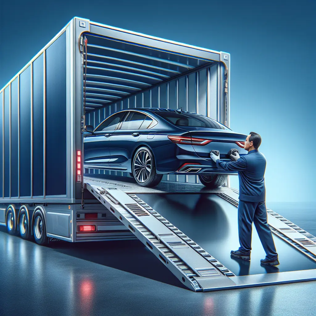 Vehicle being loaded onto an enclosed transport trailer, emphasizing safety and professionalism.