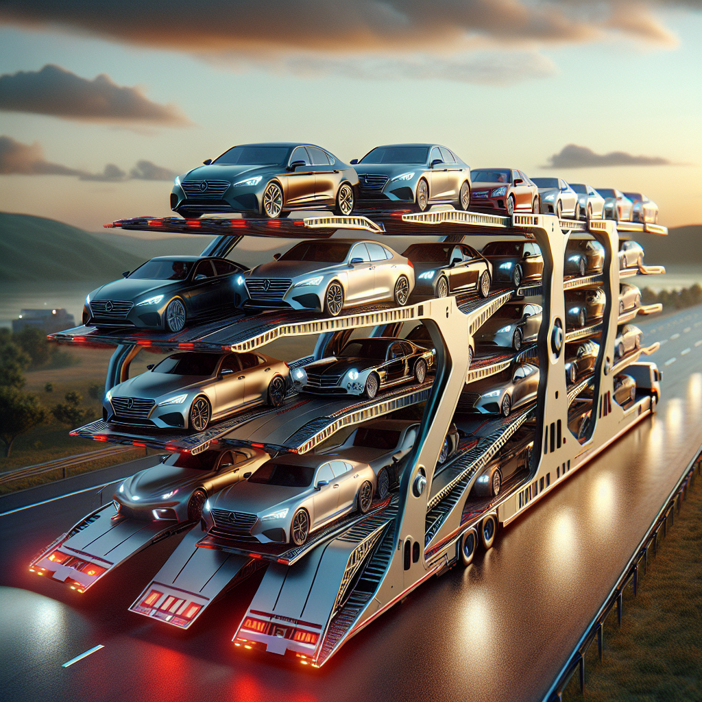 Modern auto transport truck transporting various cars on a highway.