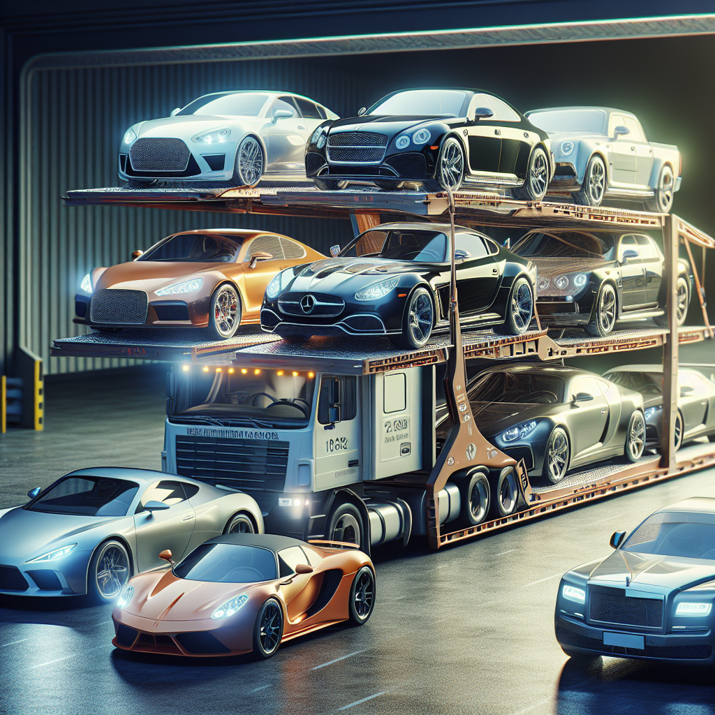 Car carrier truck loaded with cars on a highway with scenic hills.