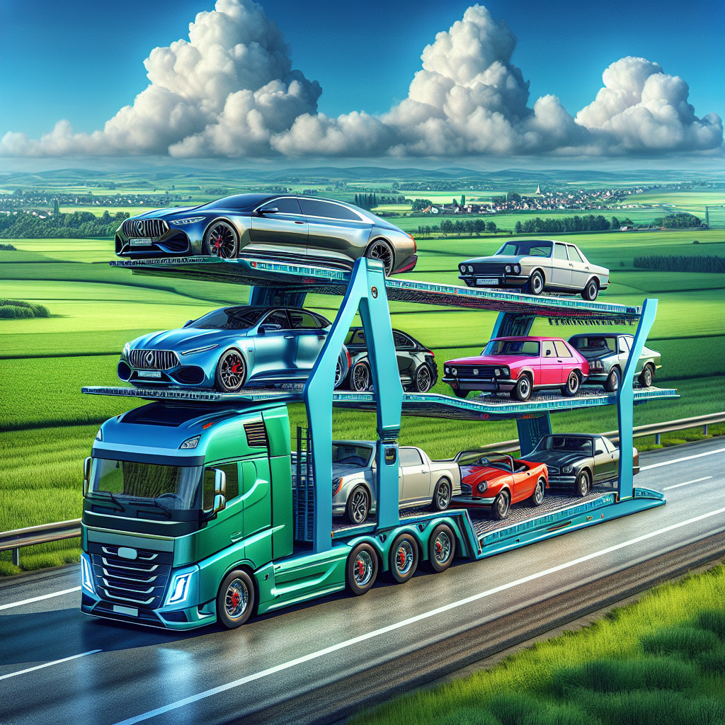 Fleet of modern car carriers transporting various vehicles across a scenic landscape.
