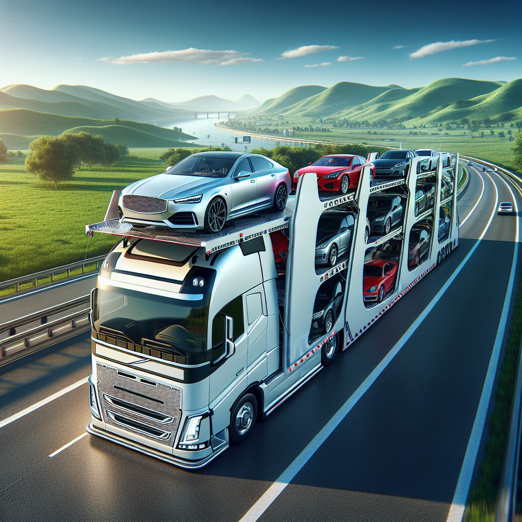 Realistic image of vehicles being loaded onto a car carrier at an auto transport service yard.