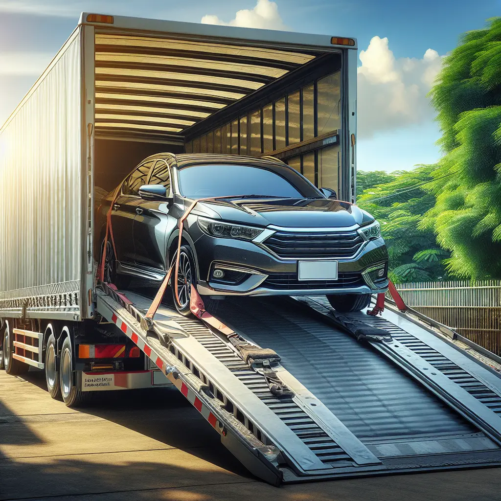 Realistic depiction of door-to-door auto transport with a car being loaded onto a trailer in a suburban area.
