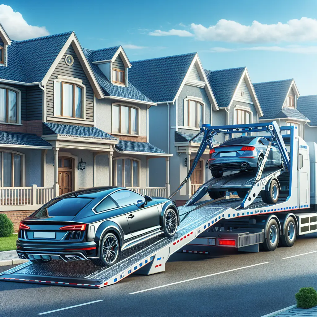 A truck designed for vehicle transport parked in a suburban neighborhood.