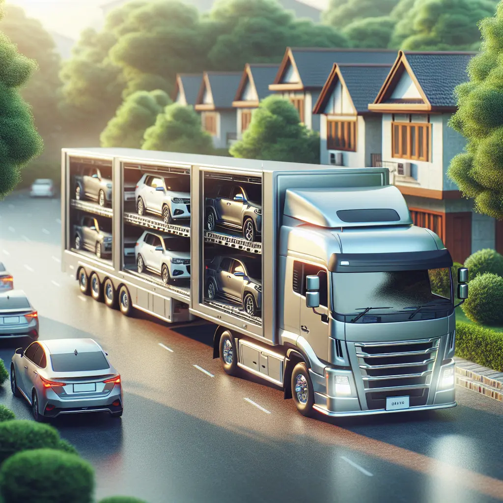 A car hauler truck loading a classic car on a suburban street.