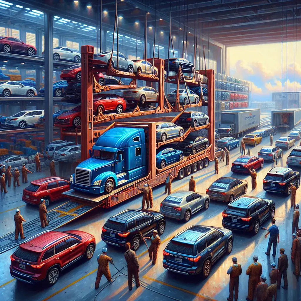 Efficient vehicle shipping showing a car being loaded onto a transport truck in a busy logistics yard.