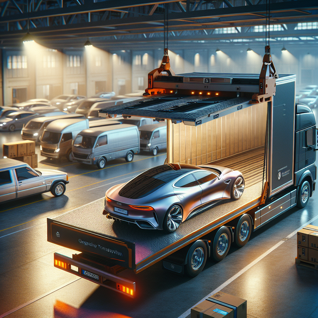 Efficient vehicle shipping at a transport hub with cars being loaded onto a transport truck.