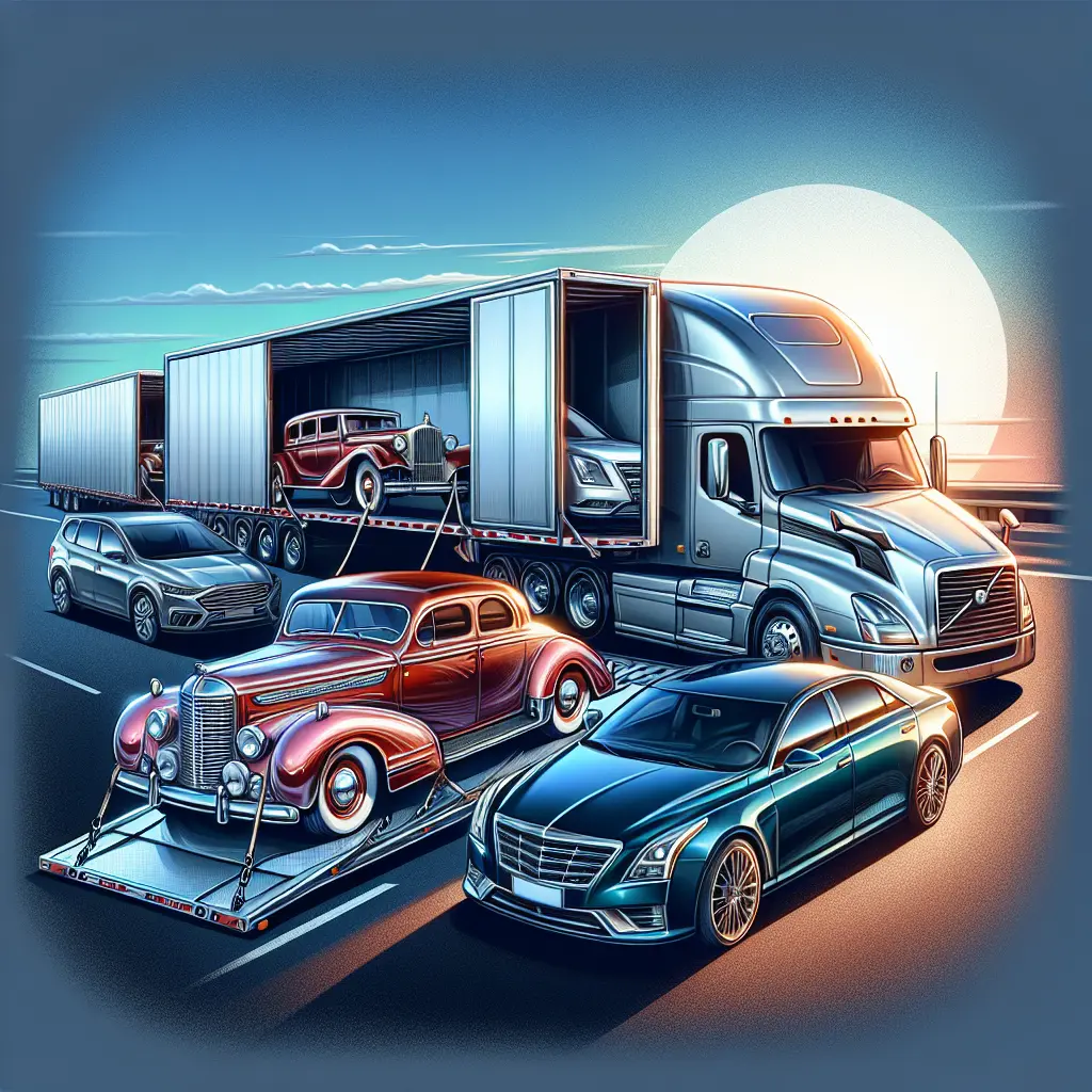A modern open car transport trailer loaded with various cars, with an enclosed trailer nearby revealing a classic car.