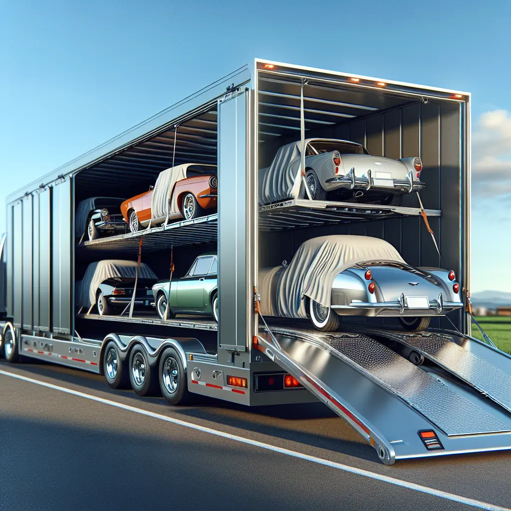 A modern enclosed car transport trailer on a beautiful winding road with a classic car inside.
