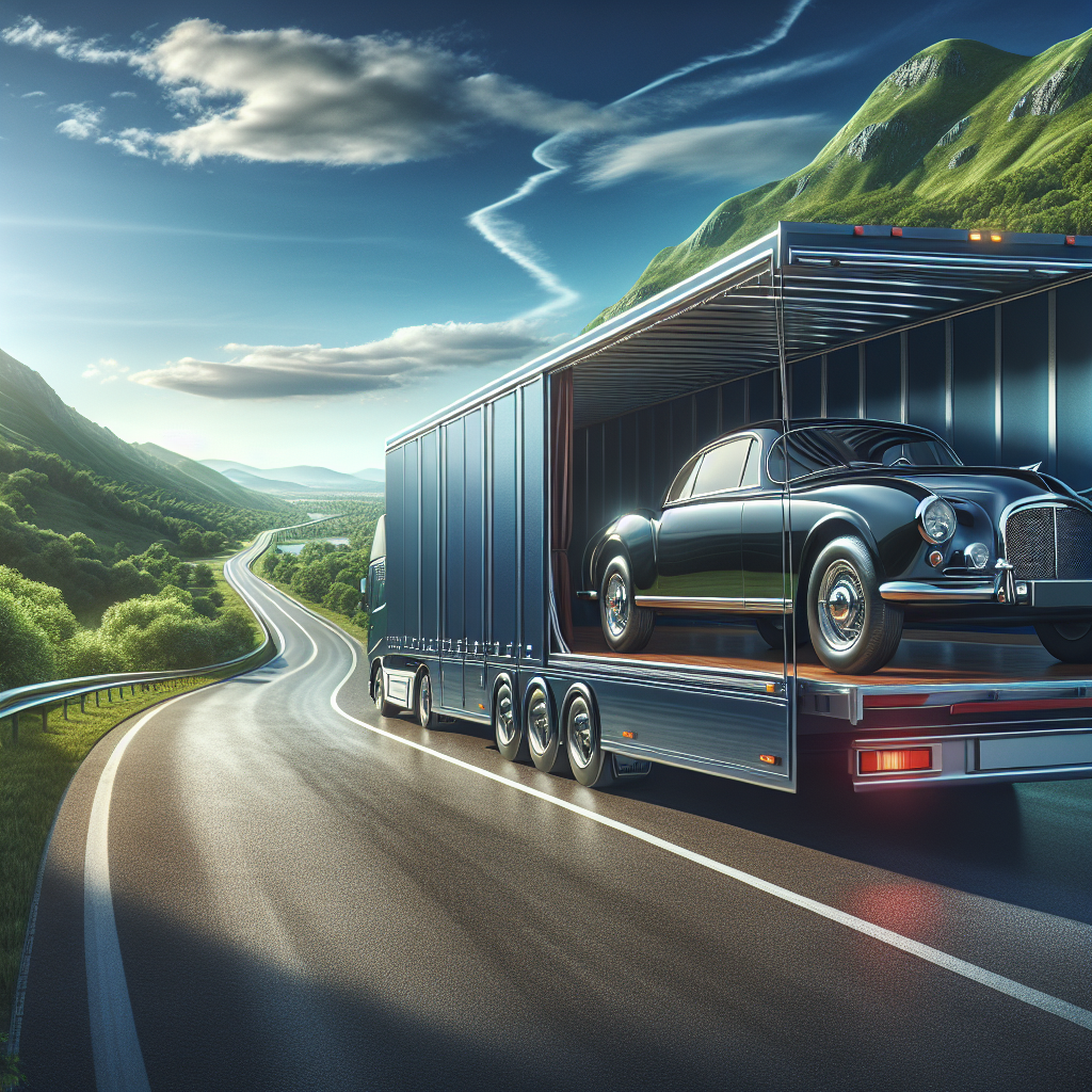 An auto transport truck carrying a luxury sports car and a classic vintage car on a highway.