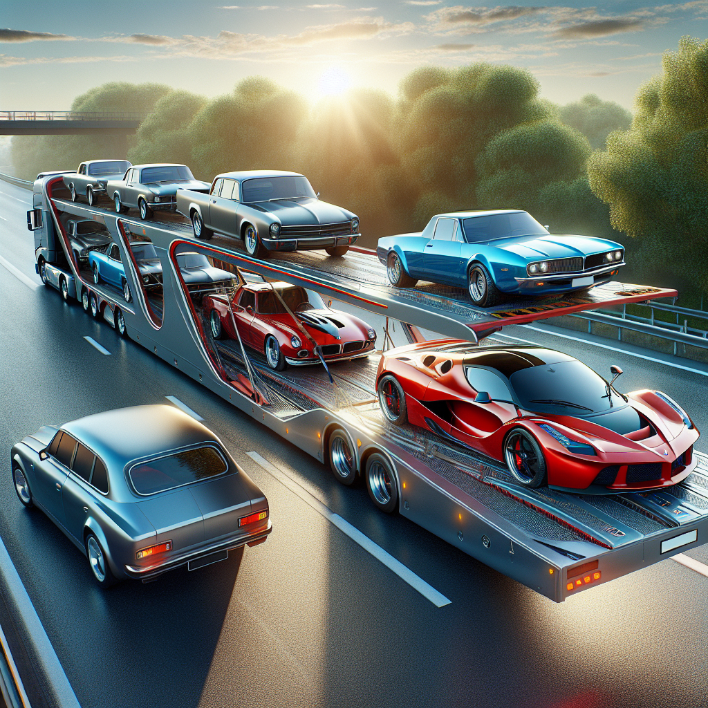 An auto transport scene showing open and enclosed trailers with vehicles.