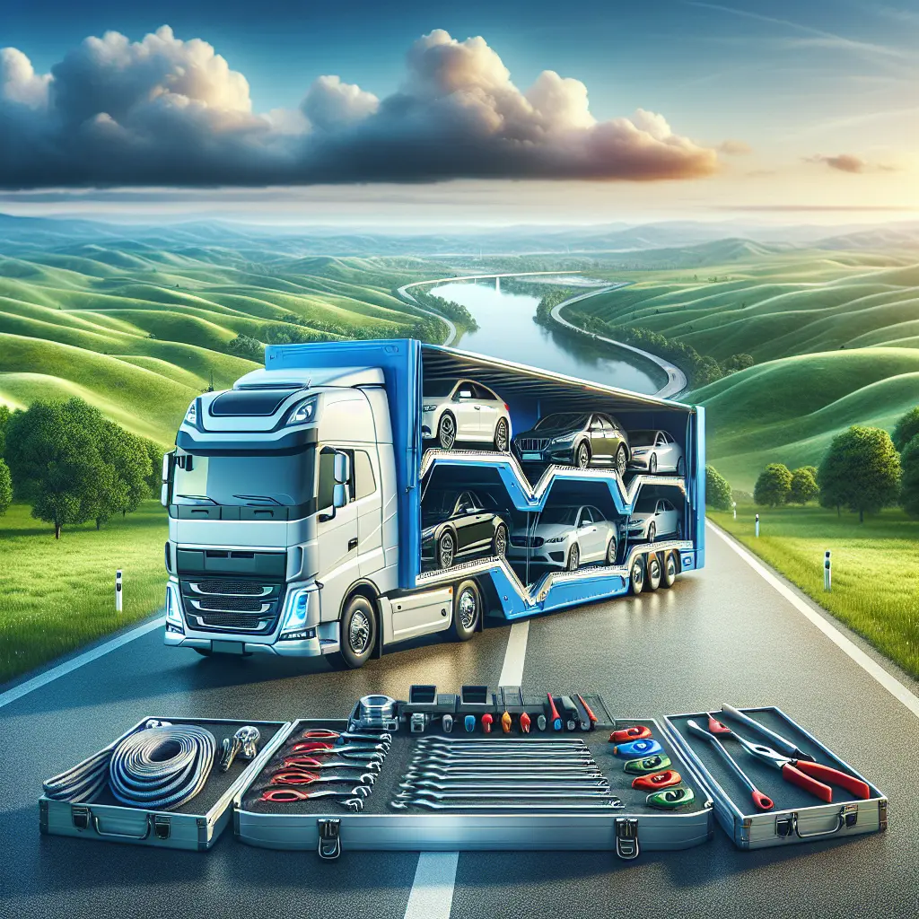 A scene illustrating reputable car shipping with a modern blue car and a transport truck.