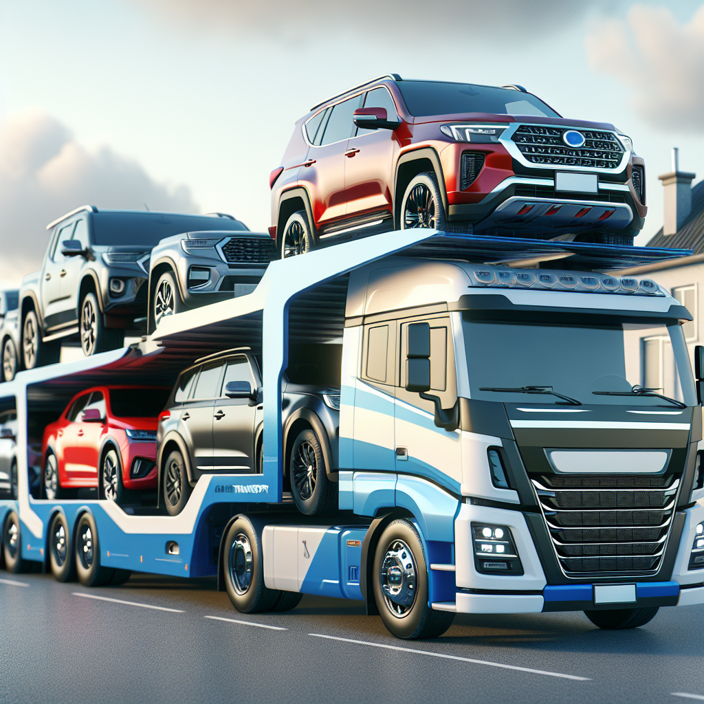 A modern auto shipping truck transporting multiple cars in a warehouse setting.