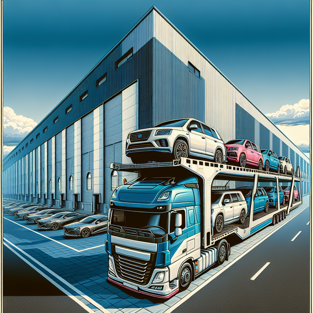 A realistic depiction of an auto transport truck on a highway loaded with various cars.