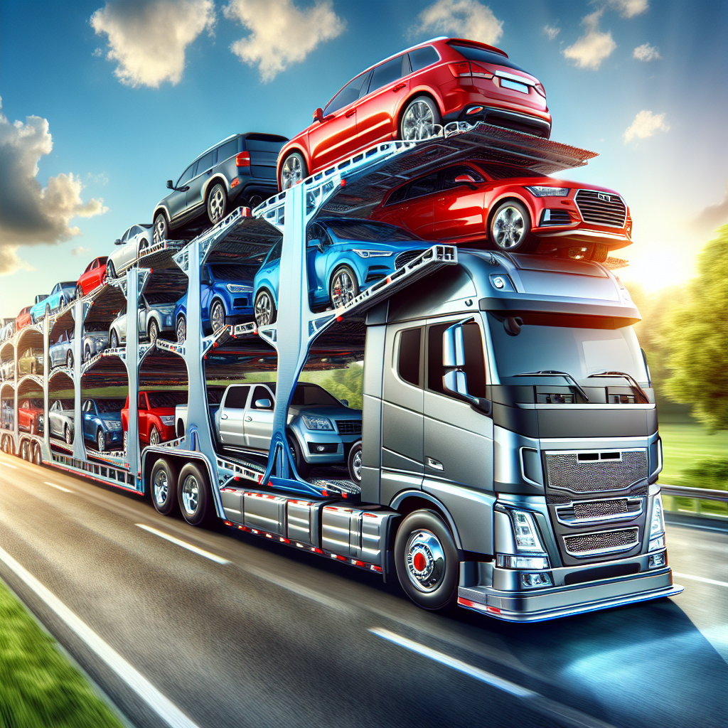 An auto shipping yard with a car carrier truck loaded with vehicles.