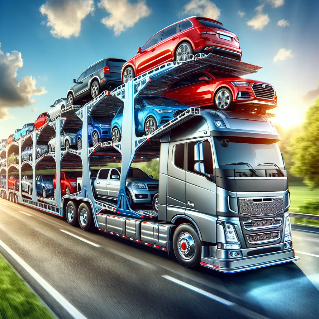 An auto shipping yard with a car carrier truck loaded with vehicles.