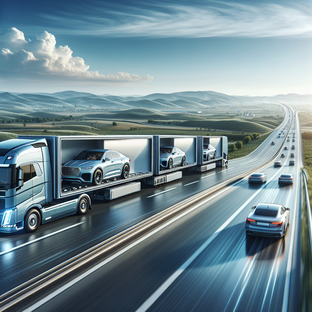 A high-speed car transporter carrying cars on a highway, symbolizing fast car delivery services.