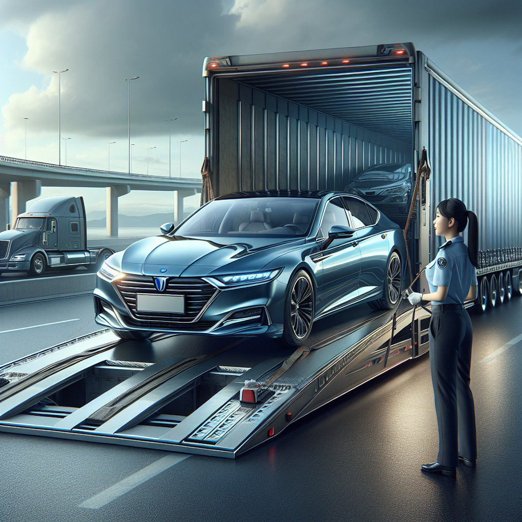 A car being loaded onto a transport truck on a highway for delivery service.