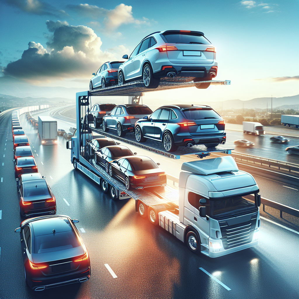 A realistic image of a car delivery truck transporting vehicles on a highway in a scenic landscape.