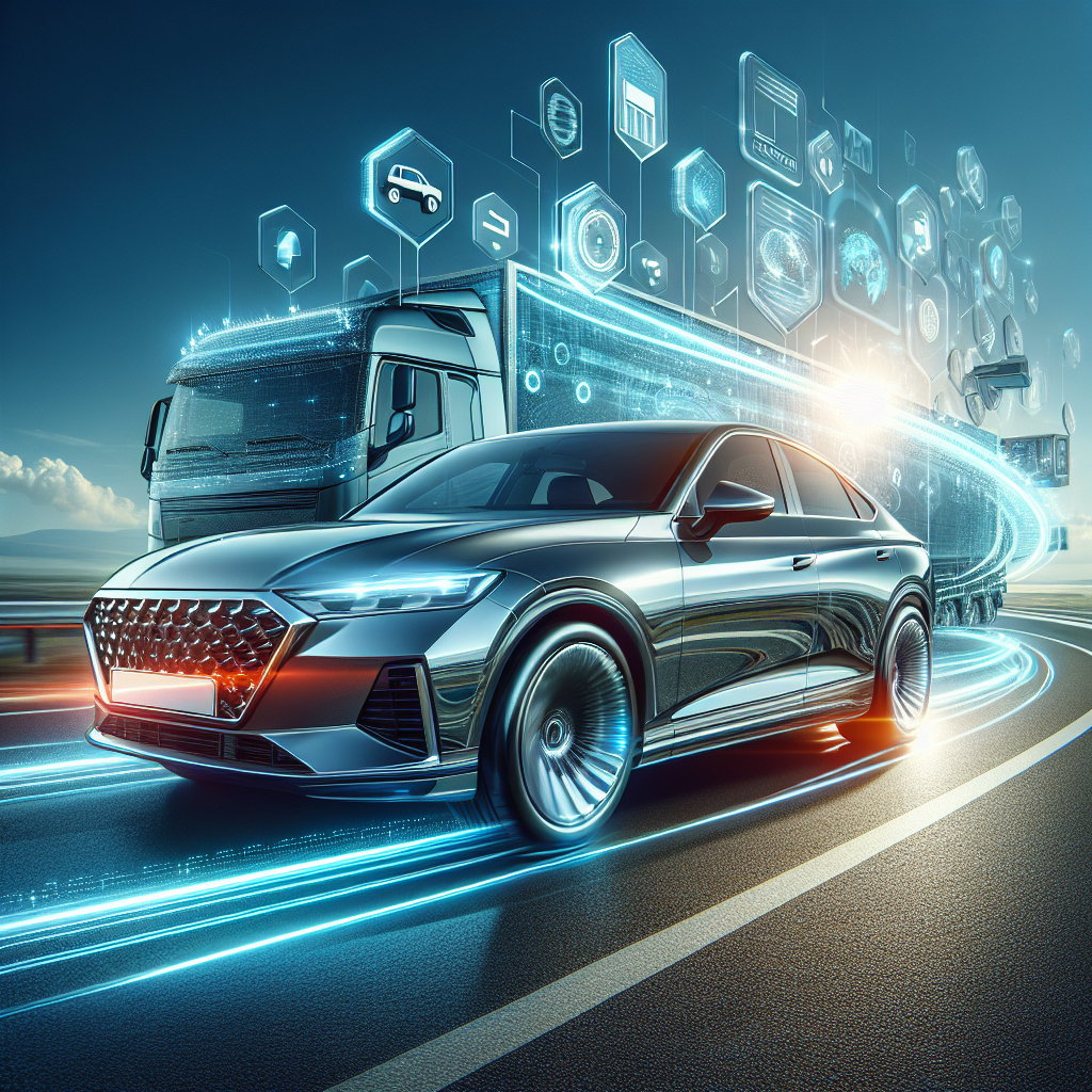 A car on a highway, symbolizing free car shipping quotes, with digital elements in the background.