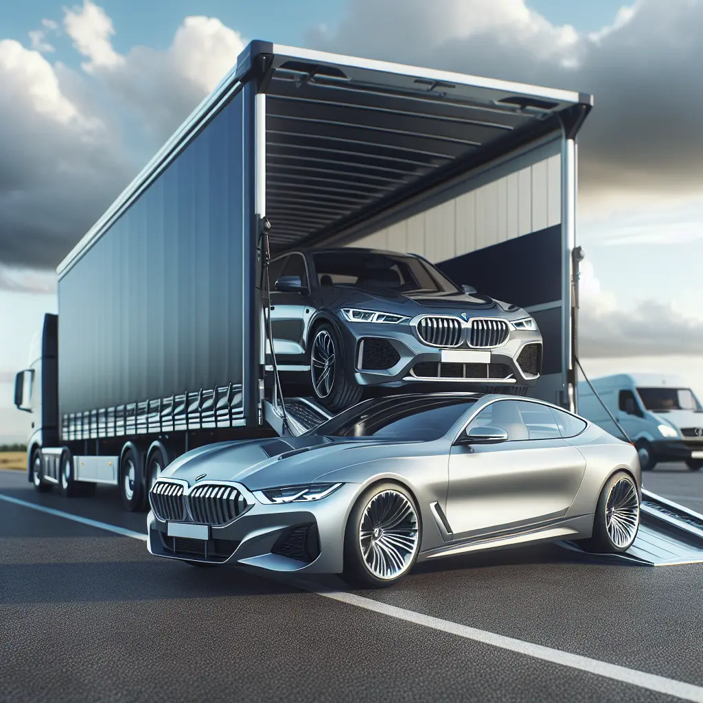 A modern vehicle transporter truck carrying cars on a highway, depicting hassle-free vehicle shipping.