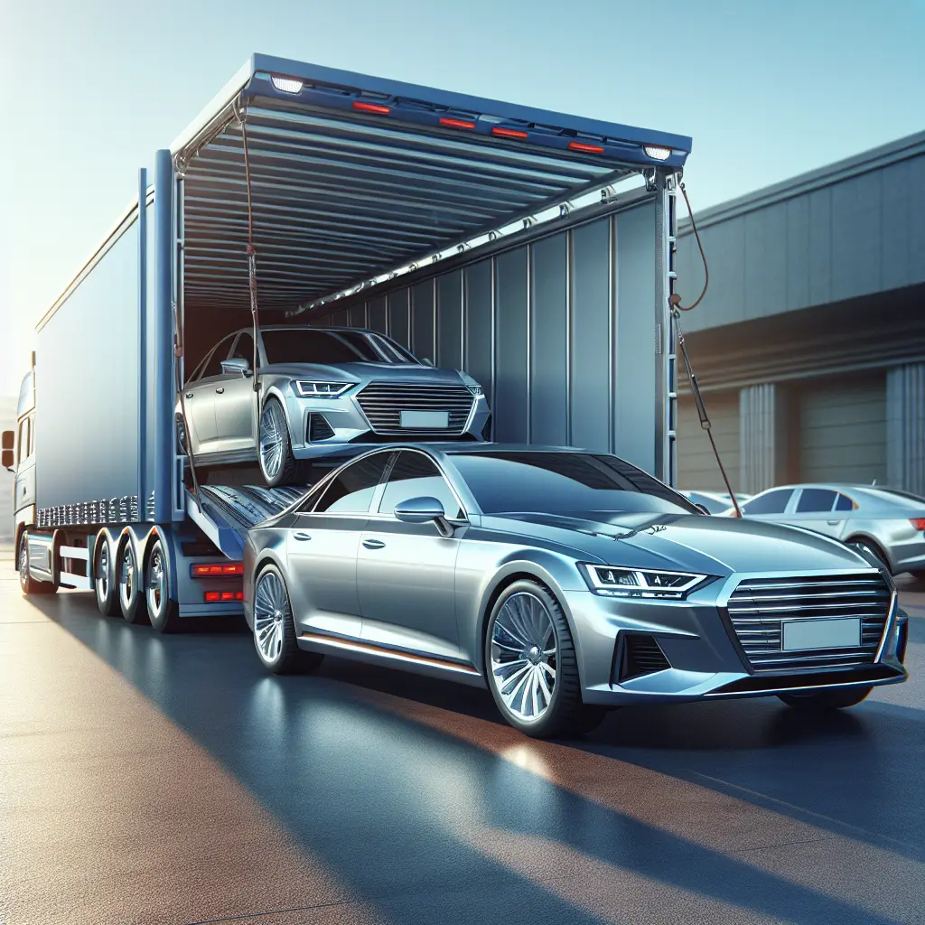 A car being loaded onto a vehicle transport truck on an urban road.