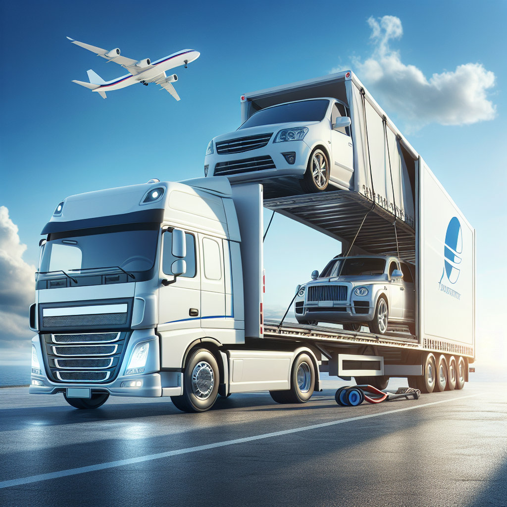 A modern car hauler truck transporting various vehicles on a highway under a clear, sunny sky.