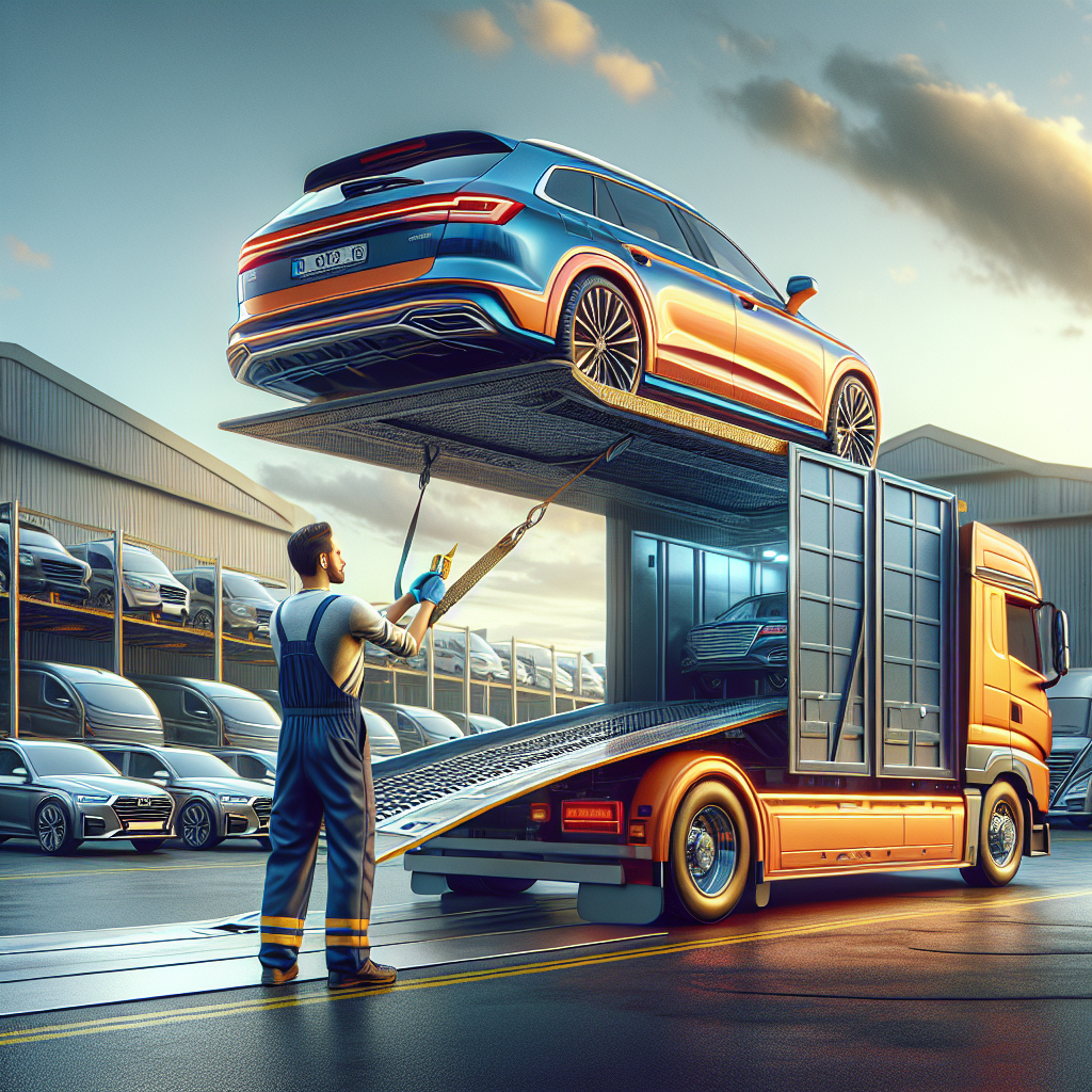 A car being loaded onto a car transport truck by a professional driver in a suburban neighborhood.