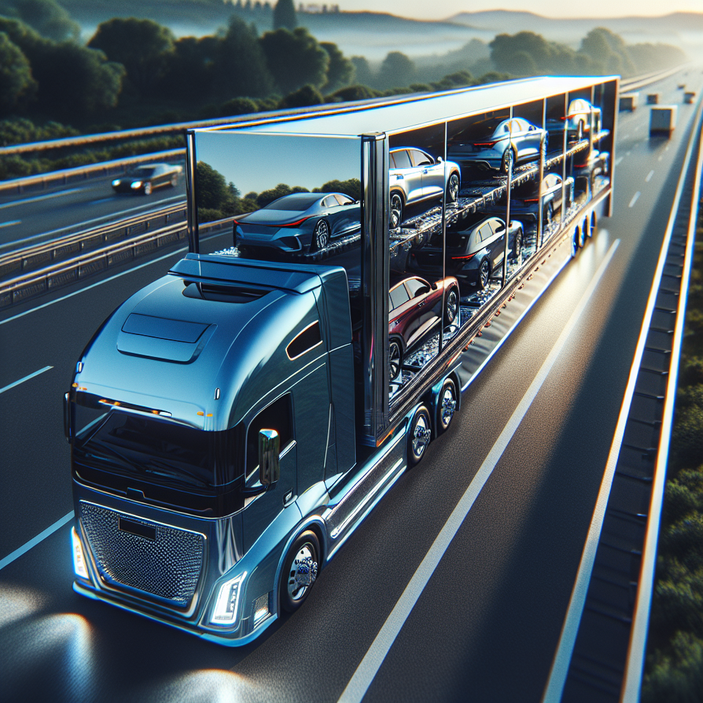 A realistic scene of a car being loaded onto a transport truck by a reliable transport company on a sunny day.