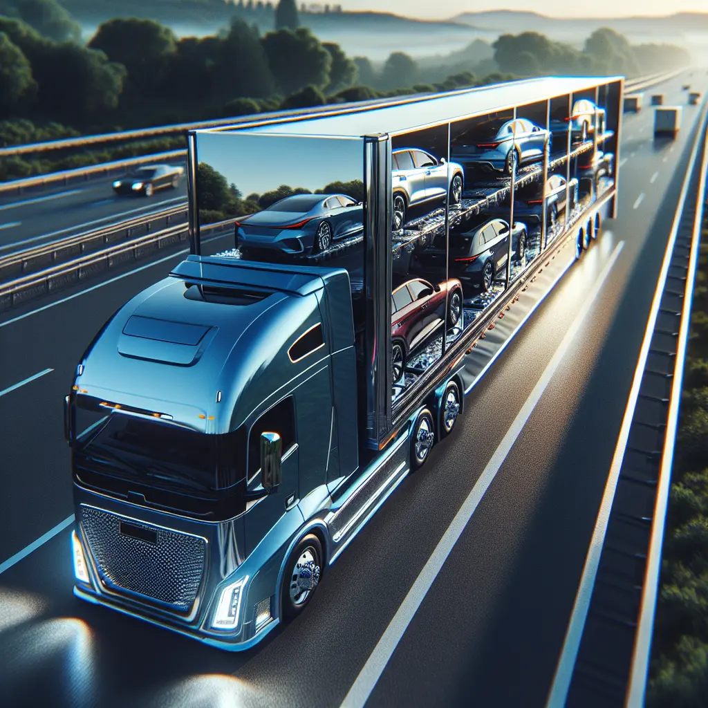 A realistic scene of a car being loaded onto a transport truck by a reliable transport company on a sunny day.