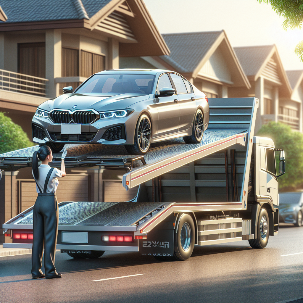 A professional securely loading a car onto a car carrier truck in a clean parking lot, representing a reliable transport company.