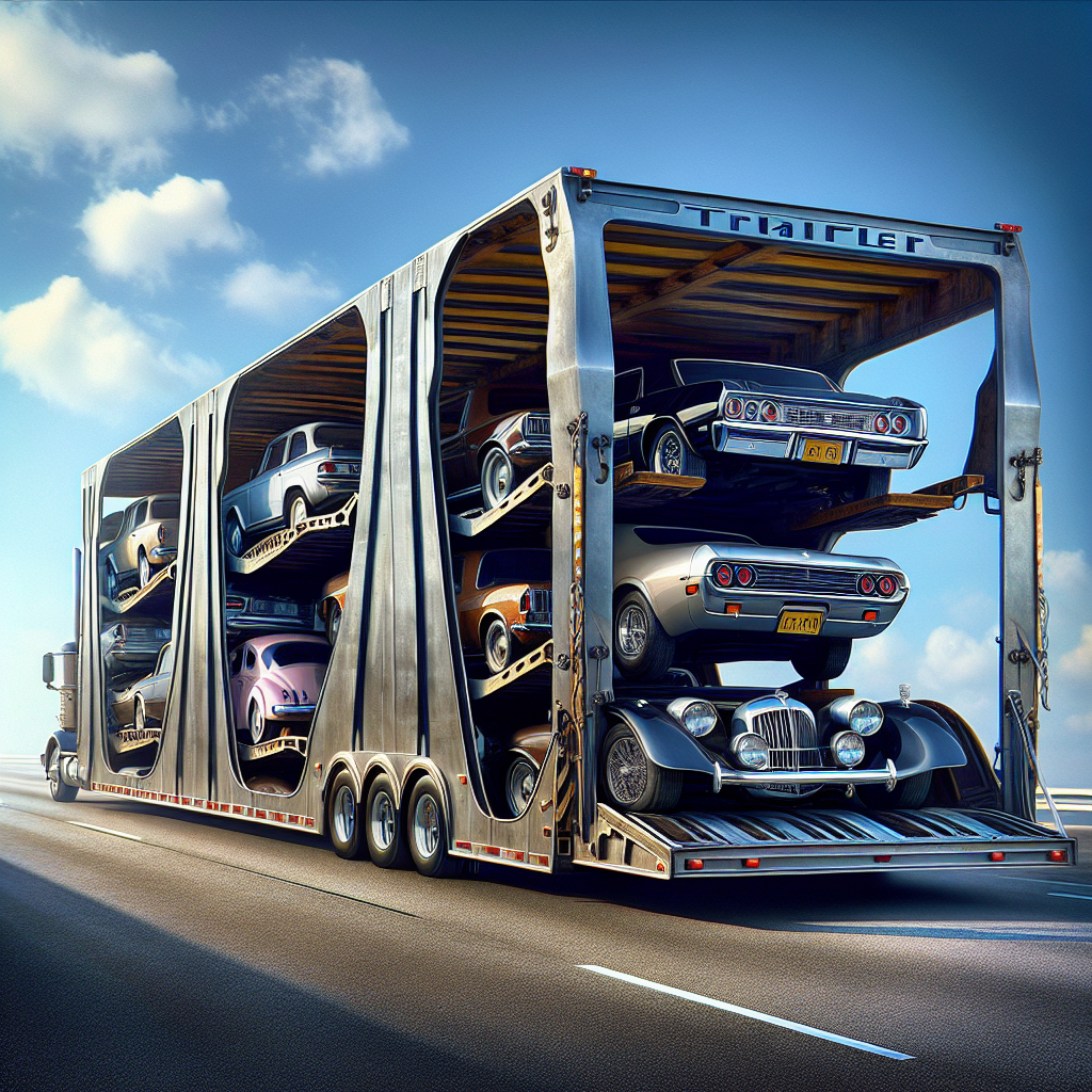 Illustration showing open and enclosed car transport options with cars on trailers.