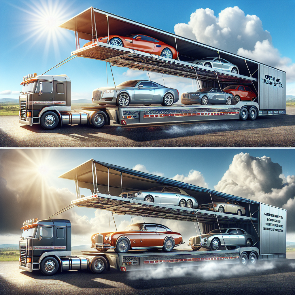 Open and enclosed car transport trailers showcasing different car hauling options.
