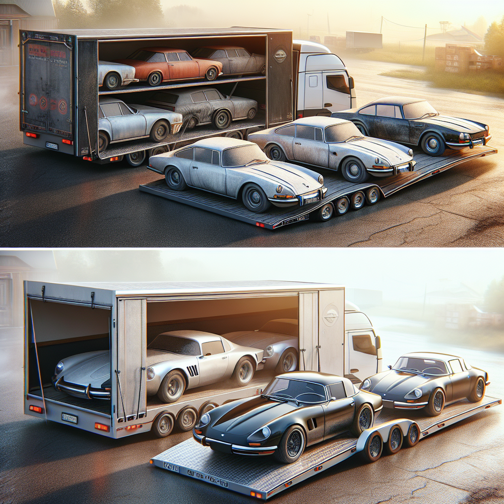 An illustration of open and enclosed car hauling options with trailers on a highway.