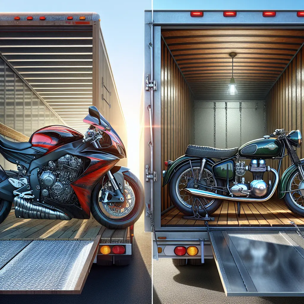 Two motorcycle transport options: one open trailer with a colorful sport motorcycle and one enclosed trailer with a classic motorcycle.