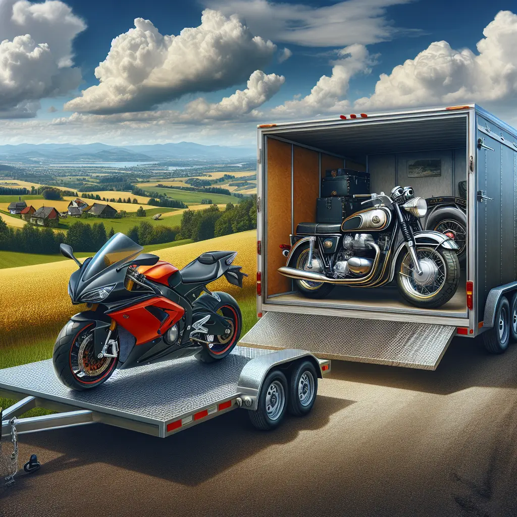 A comparison of motorcycle transport options: open transport with a red motorcycle and enclosed transport with a black motorcycle.