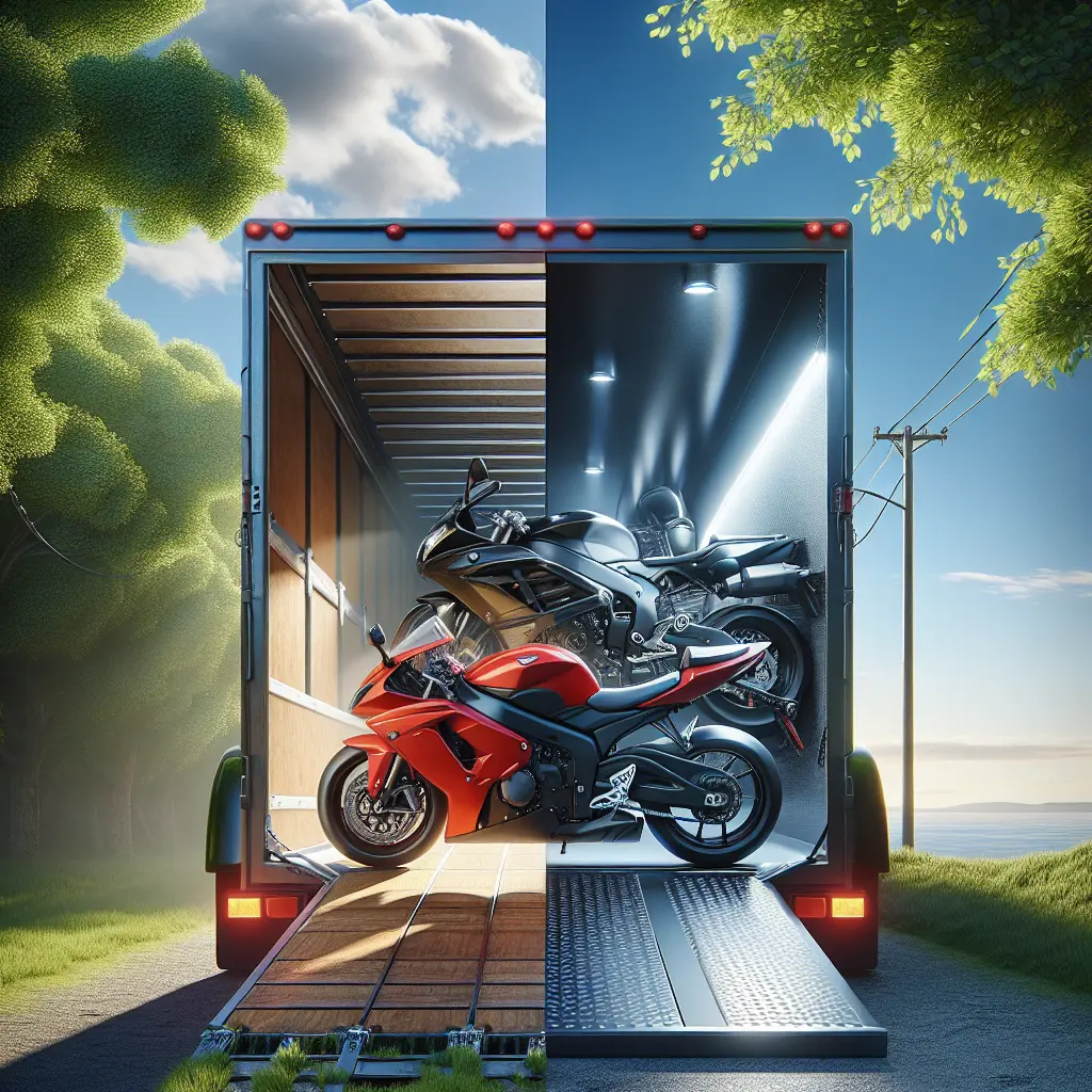 Two motorcycles being loaded for transport, one on an open trailer and one in an enclosed trailer.