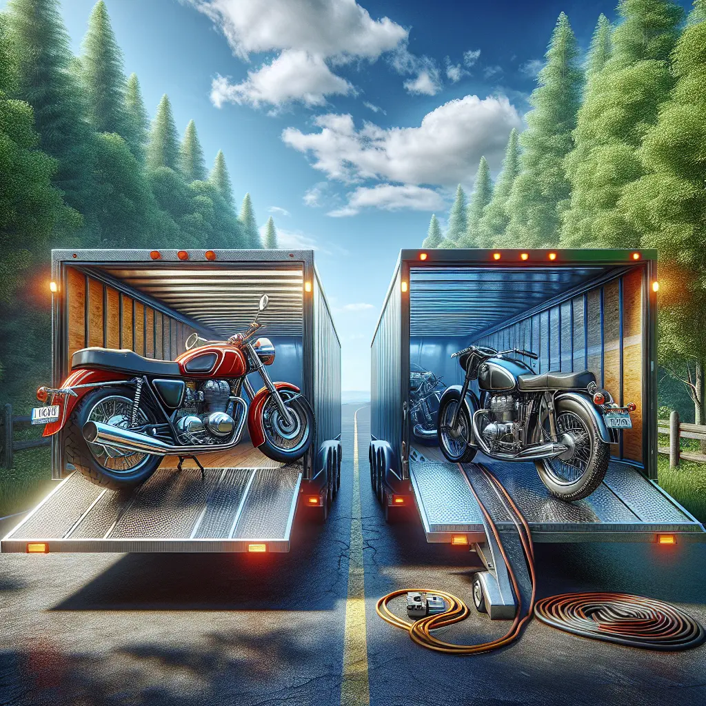 Two motorcycles demonstrating different transport options: one on an open trailer and another in an enclosed trailer.
