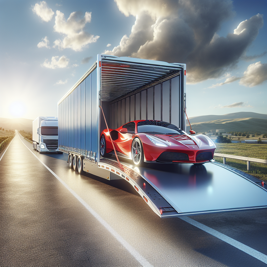 A long-distance vehicle shipping scene with an open trailer transporting various cars against a beautiful landscape.