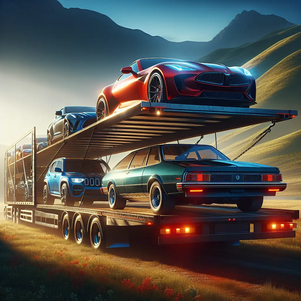 An open trailer transporting a variety of vehicles on a scenic highway.