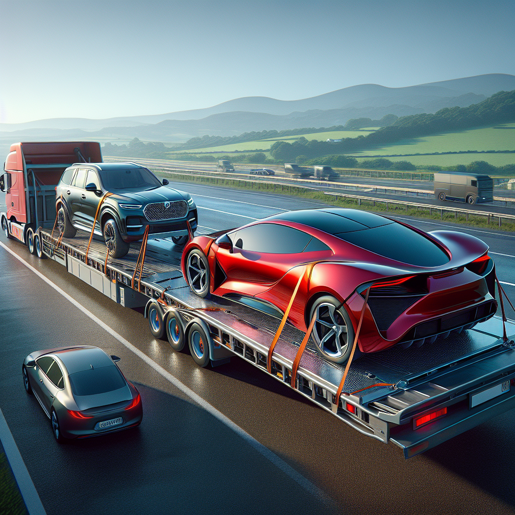A scene showing an open trailer with a red sports car and an enclosed transport truck on a sunny day.