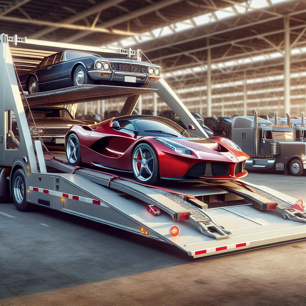 Efficient car transport scene with a modern car being loaded onto a transport truck.